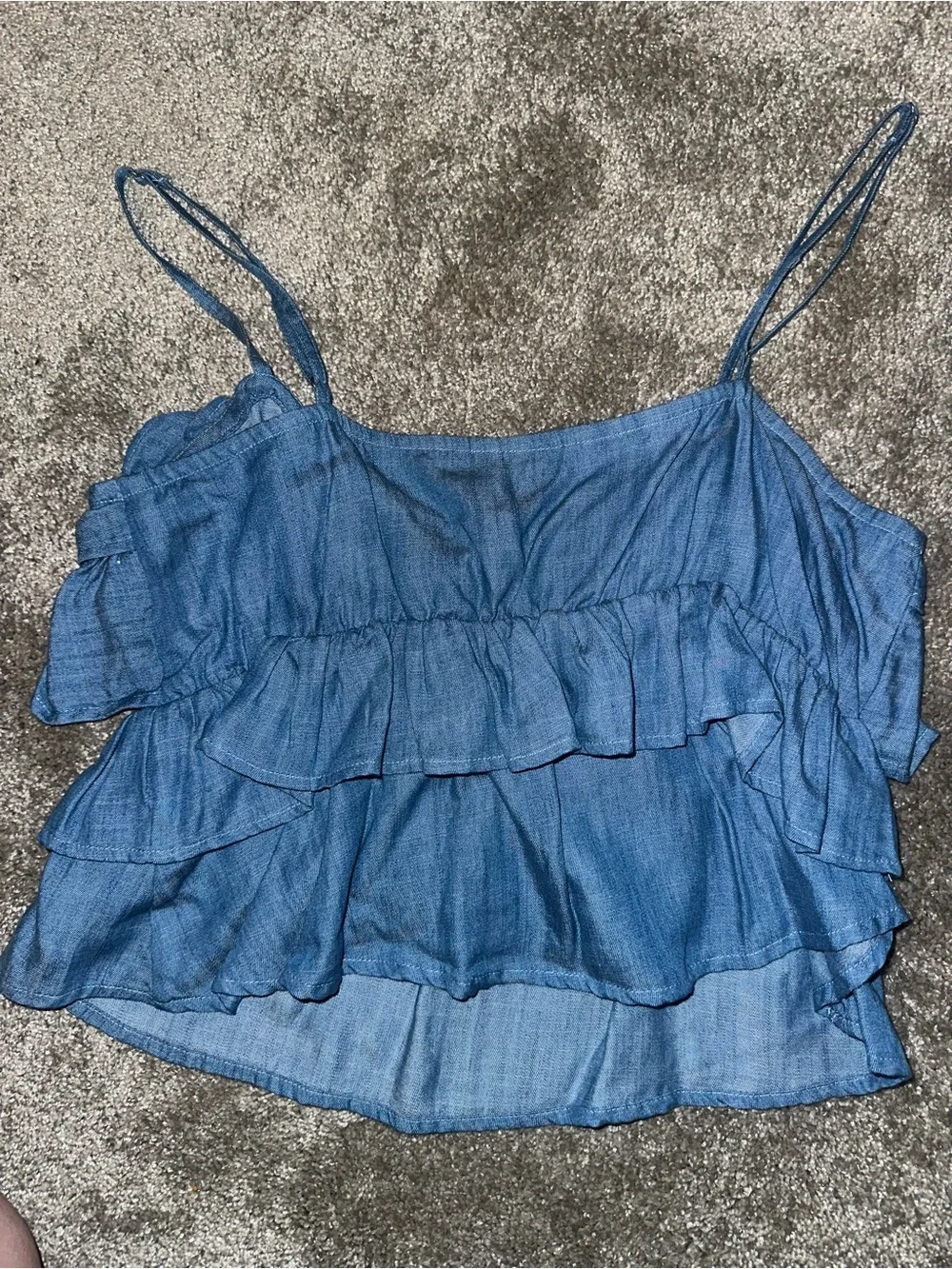 Express Ruffled Blue Denim-Look Top - Picture 2 of 3